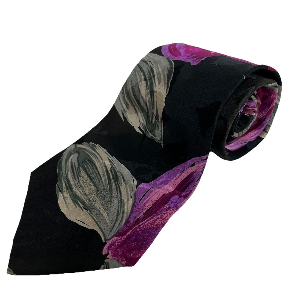ALBERT NIPON Men's 100% Silk Handmade Necktie Black Purple Gray USA Designer